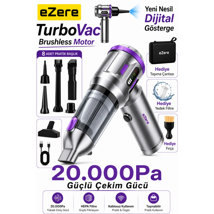 EZERE TurboVac 20000pa Güçlü Dijital Göstergeli Vakumlu Kablosuz Üflemeli Mini Araç Süpürgesi-(5775)