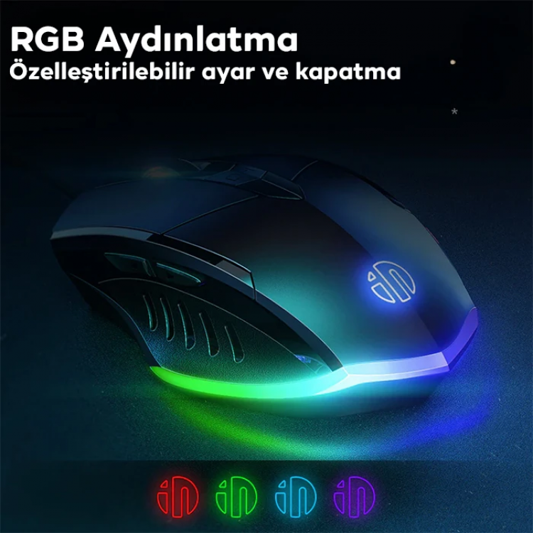 İNPHİC W1 Sessiz Tıklama Özellikli Ergonomik Kablolu Oyun Mouse Fare 1200/7200DPI-(5775)