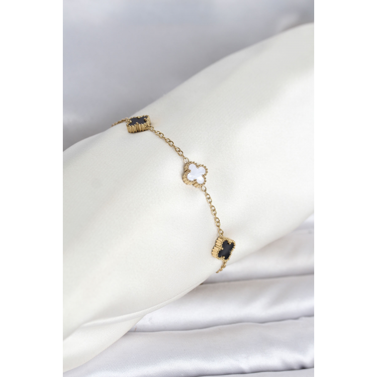 316L Çelik Gold Renk Siyah Beyaz Baby Yonca Model Kadın Bileklik 5886