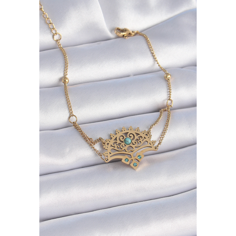 316L Çelik Gold Renk Mavi Taşlı Etnik Desen Kadın Bileklik 5886
