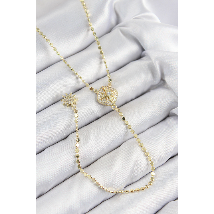 Pirinç Zirkon Taşlı Ezme Zincirli Madalyon Model Gold Renk Y Kolye 5886