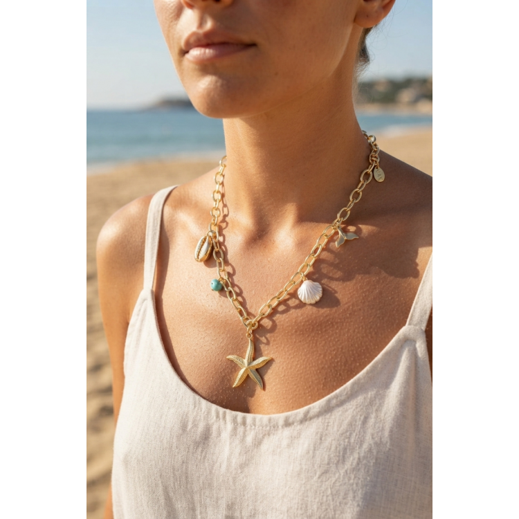 Deniz Yıldızı Charm Detaylı Gold Renk Zincir Kolye 5886