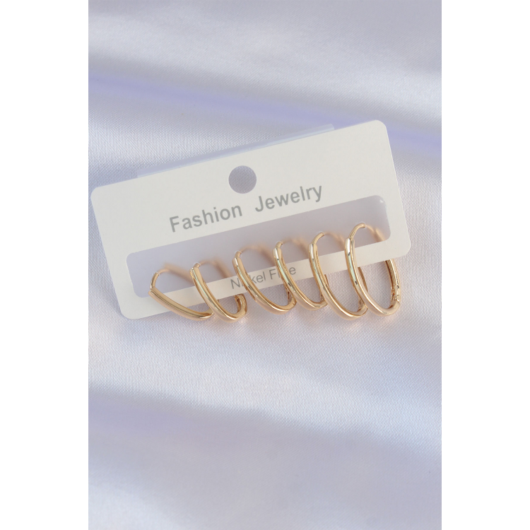 Pirinç Gold Renk İnce Oval Küpe Seti 5886