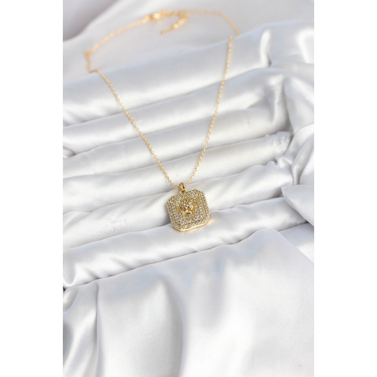 316L Çelik Zincir Gold Aslan Madalyon Model Zirkon Taşlı Kadın Kolye 5886