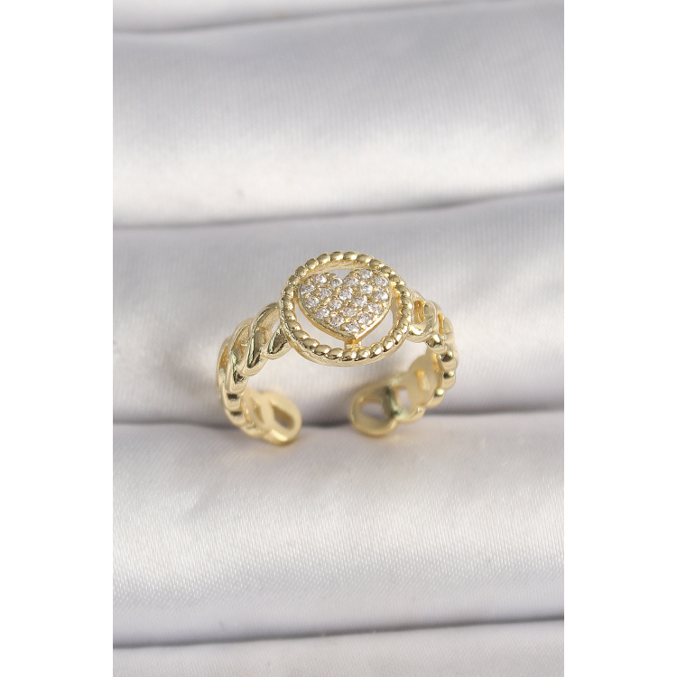 Pirinç Gold Renk Ayarlanabilir Zirkon Taşlı Kalp Model Kadın Yüzük 5886