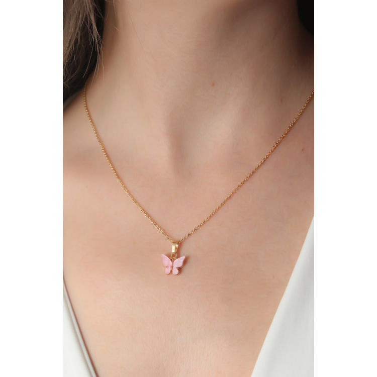 Gold Pembe Renk Kelebek Figür Kadın Kolye 5886