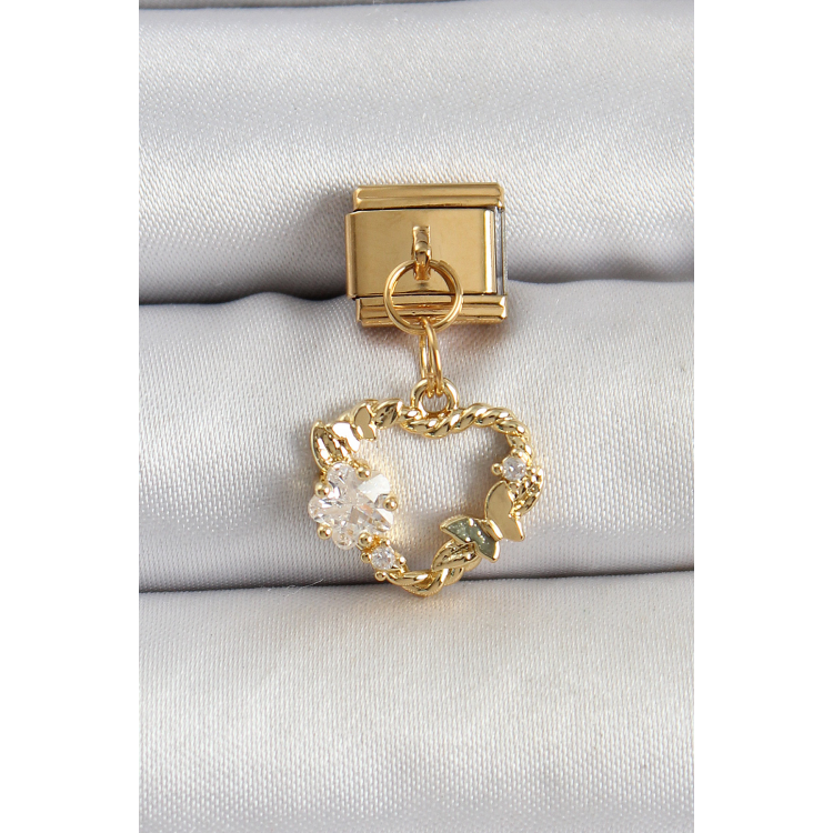 316L Çelik Sallantılı Zirkon Taşlı Kalp Model Gold Renk Nomination Charm 5886
