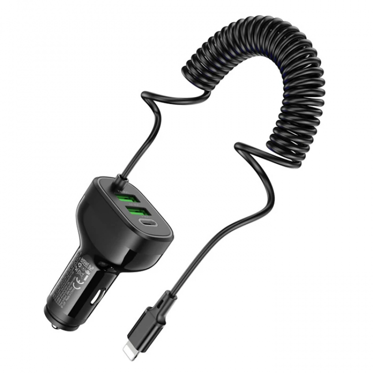 HOCO NZ11A 30W 2 USB+ Type-C Girişli iPhone Kablolu Araç Çakmaklık Şarj Aleti-(5775)