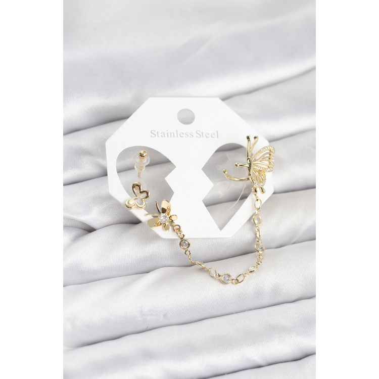 Kelebekli Model Pirinç Gold Renk Zincir Bağlantılı Ear Cuff Küpe Seti 5886