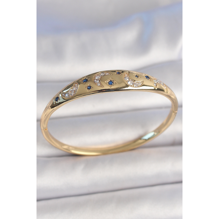 Pirinç Gold Renk Zirkon Taşlı Hilal İşleme Mavi Taşlı Yıldız Detay Kadın Kelepçe 5886