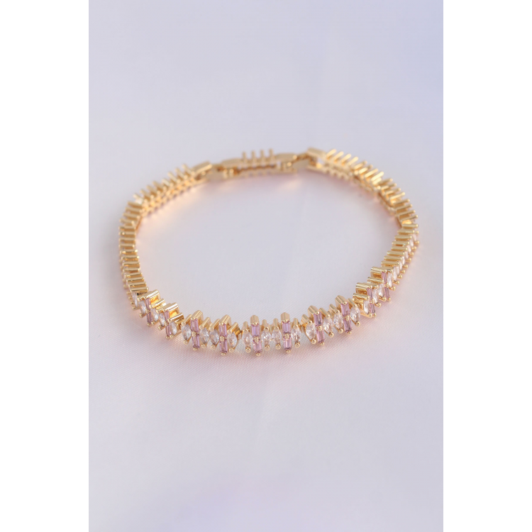 Vip Seri Pirinç Pembe Zirkon Taşlı Gold Renk Baget Model Bileklik 5886