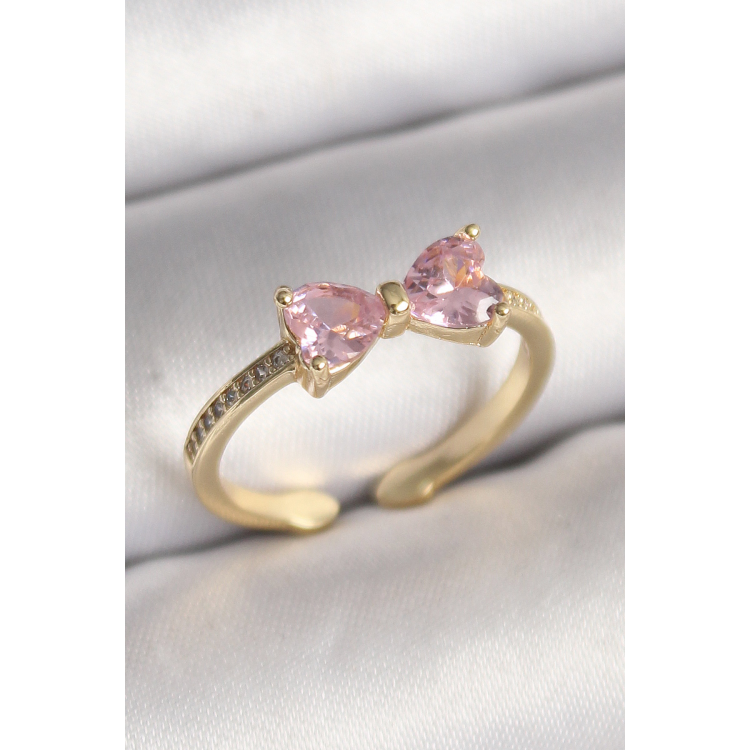 Pirinç Gold Renk Pembe Zirkon Taşlı Kalp Fiyonk Model Kadın Yüzük 5886