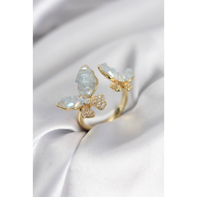 Gold Renk Mavi Kelebek Model Zirkon Taşlı Kadın Yüzük 5886
