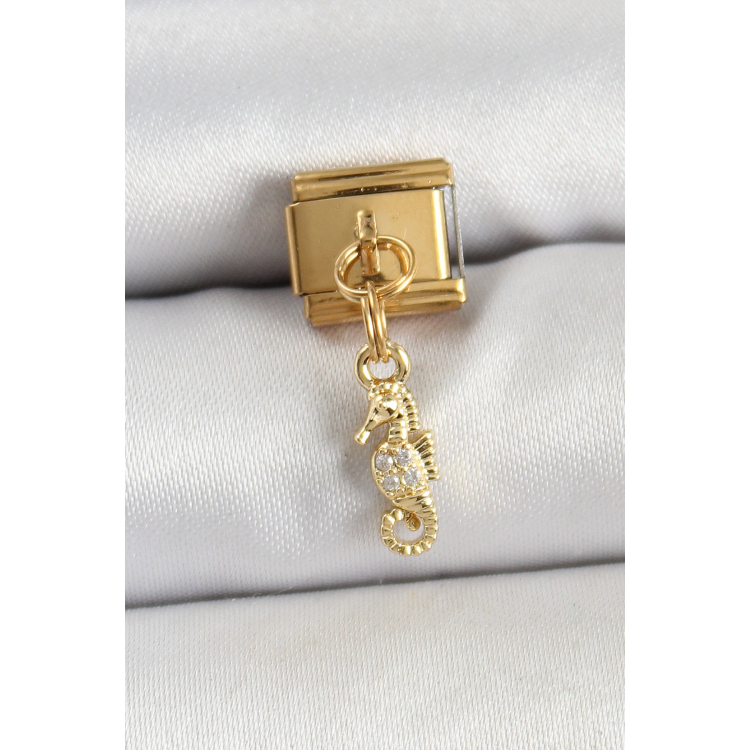 316L Çelik Sallantılı Zirkon Taşlı Çiçek Model Gold Renk Nomination Charm 5886