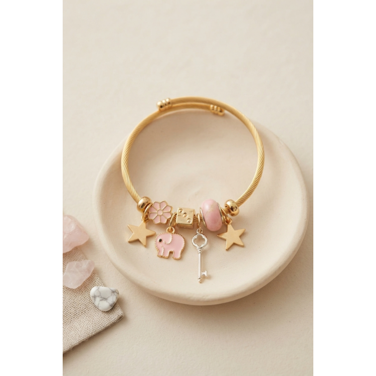 Anahtar ve Fil Model Pembe Charmlı Bileklik 5886