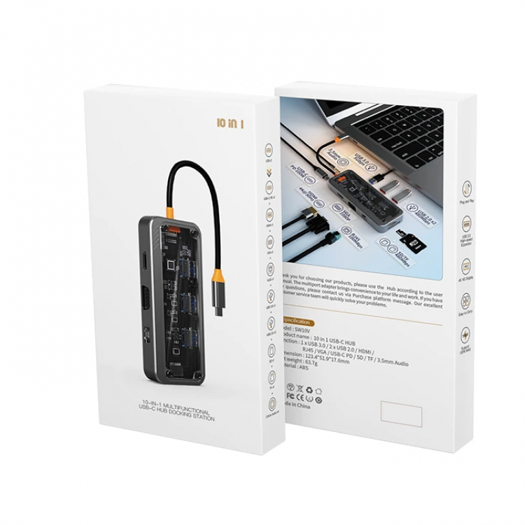 ALLY SW1V-PRO Type-c To USB3.0 3adet+ 3.5mm+ HDMI+ VGA+ SD + TF + Ethernet Çoğaltıcı Transparan Hub-(5775)