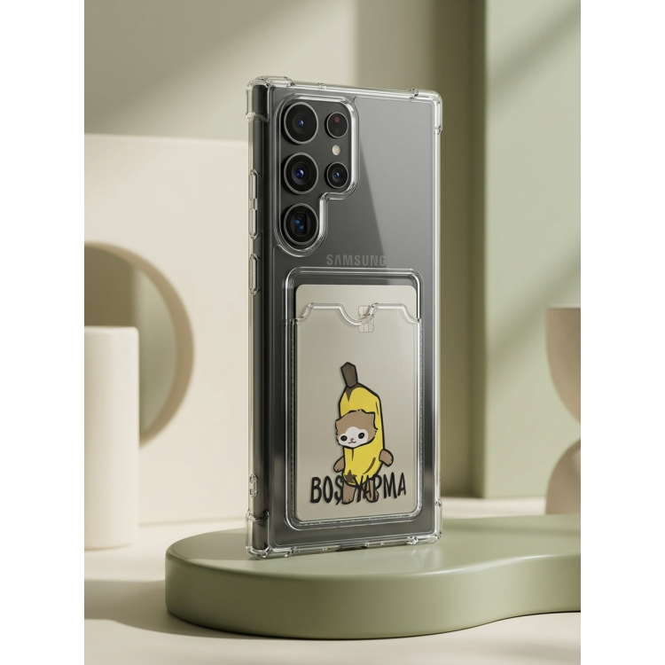 Samsung Galaxy S26 Ultra Boş Yapma Muz Detaylı Kart Bölmeli Şeffaf Telefon Kılıfı