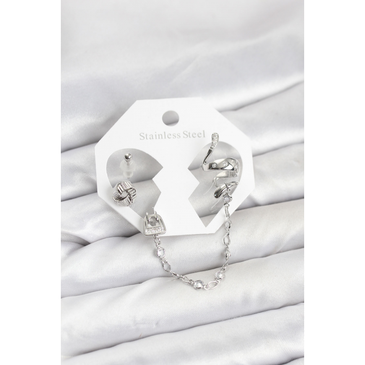 Pirinç Gümüş Renk Yılan Model Zincir Bağlantılı Ear Cuff Küpe Seti 5886