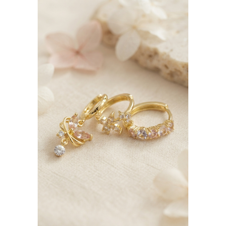 3 lü Set Gold Renk Zirkon Taşlı Kelebek Model Küpe 5886