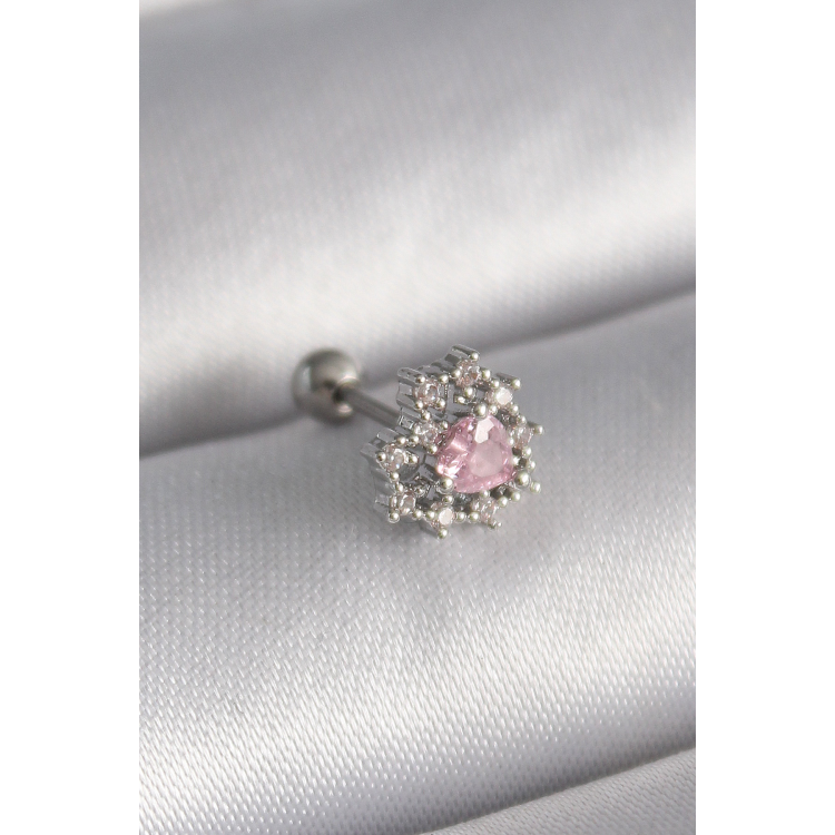 316L Çelik Gümüş Renk Zirkon Taşlı Kalp Tragus Piercing 5886