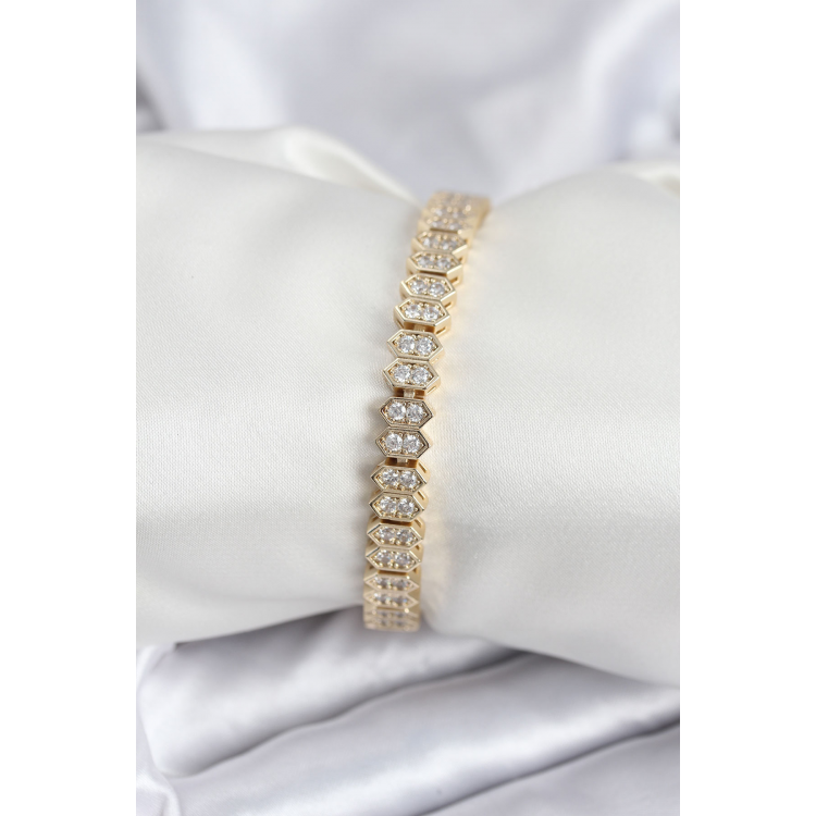 Pirinç VIP Seri Gold Renk Zirkon Taşlı Kadın Bileklik 5886