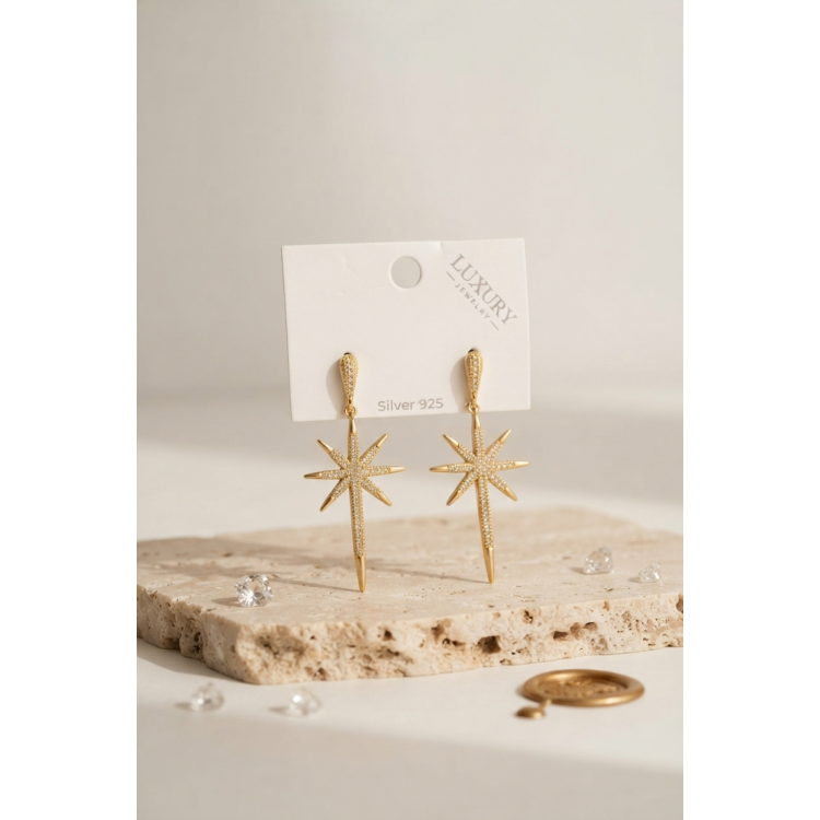 Gold Renk Kutup Yıldızı Model Zirkon Taşlı Kadın Küpe 5886