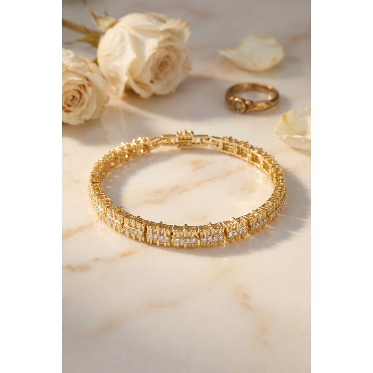 Gold Renk Pirinç Elegance Zirkon Taşlı Kadın Bileklik 5886