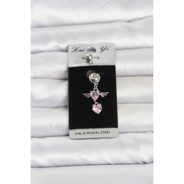316L Cerrahi Çelik Pembe Zirkon Taşlı Kanat Model Göbek Piercing 5886