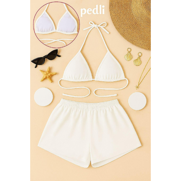 Kadın Beyaz Şortlu Belden ve Boyundan Bağlamalı Bikini Takımı