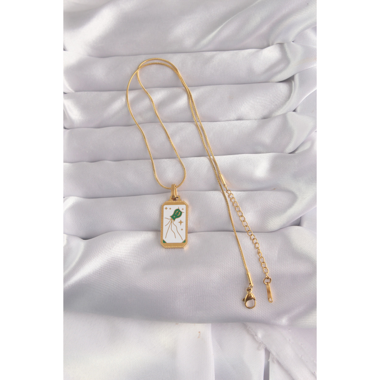 316L Çelik Gold Renk Beyaz Mineli Tarot Kolye 5886