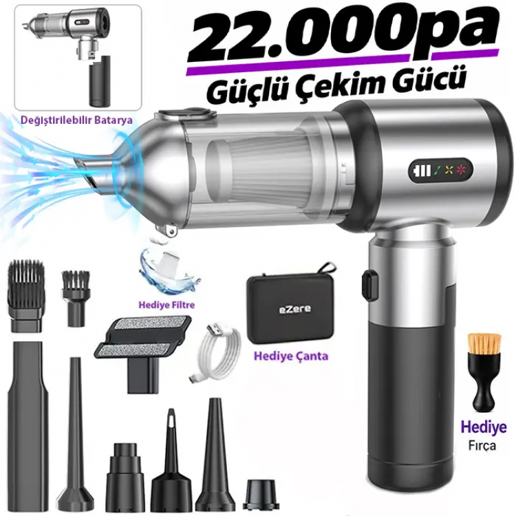 Ezere DuoForceVac 22000pa Güçlü Portatif Taşınabilir Vakumlu Kablosuz Üflemeli Mini Araç Süpürgesi-(5775)