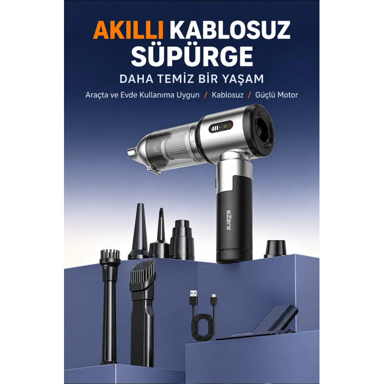 Ezere DuoForceVac 22000pa Güçlü Portatif Taşınabilir Vakumlu Kablosuz Üflemeli Mini Araç Süpürgesi-(5775)