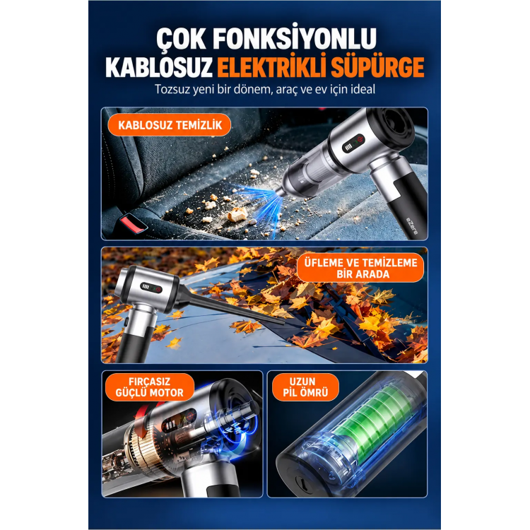 Ezere DuoForceVac 22000pa Güçlü Portatif Taşınabilir Vakumlu Kablosuz Üflemeli Mini Araç Süpürgesi-(5775)