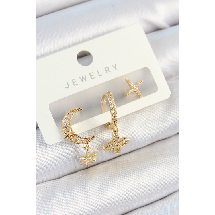 Pirinç Zirkon Taşlı Çiçek Ve Ay Model Gold Renk 3'lü Çift Kadın Küpe Set 5886