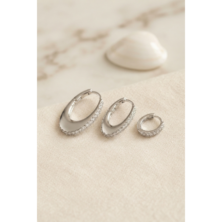 Gümüş Renk Oval Halka Model Zirkon Taşlı 3 lü Küpe Set 5886