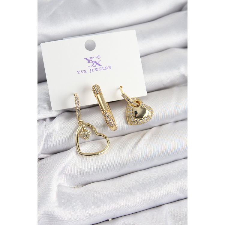 Pirinç Zİrkon Taşlı Kalp Model Gold Renk 3'lü Kadın Küpe 5886