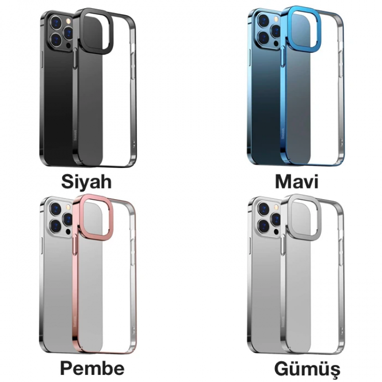 Baseus Glitter iPhone 13 Pro Max 6.7inç Kılıf Renkli Kenar Şeffaf Silikon-(5775)
