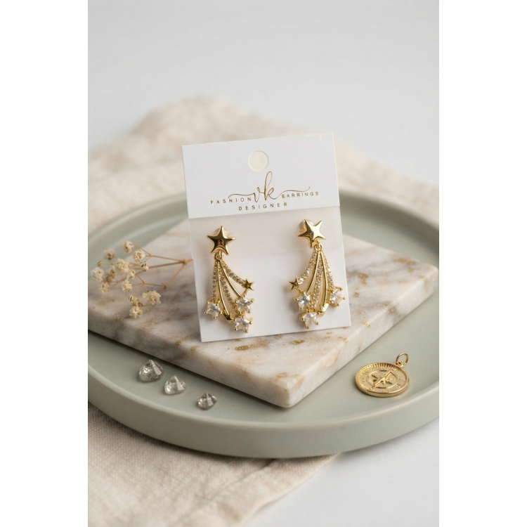 Gold Renk Zirkon Taşlı Halley Model Pirinç Kadın Küpe 5886