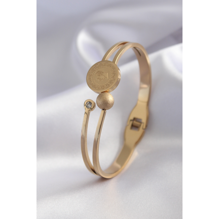 316L Çelik Gold Renk Çeyrek Altın Zirkon Taş Detay Kadın Kelepçe 5886
