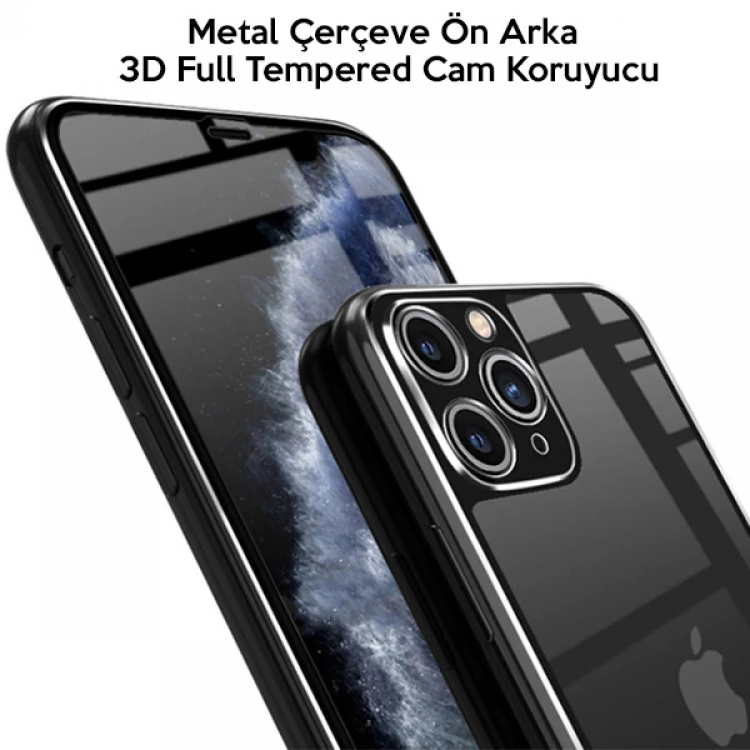 İPhone 11 Pro Metal Çerçeve Ön Arka 3D Full Tempered Cam Koruyucu-(5775)