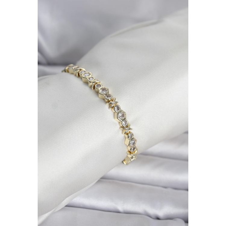 Pirinç Gold Renk Petek Model Zirkon Taşlı Kadın Bileklik 5886