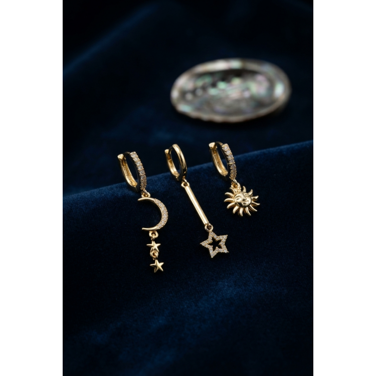 3 lü Set Ay Yıldız ve Güneş Model Gold Renk Kadın Küpe 5886