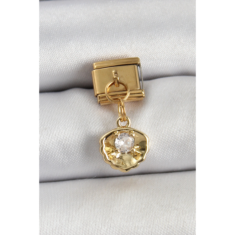 316L Çelik Sallantılı Zirkon Taşlı İstiridye Model Gold Renk Nomination Charm 5886