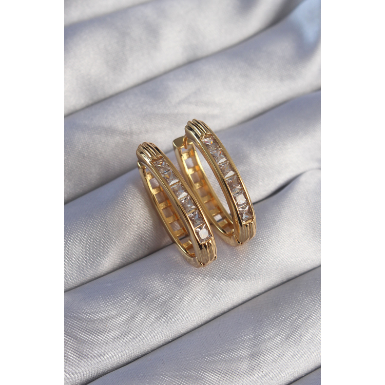 Pirinç Gold Renk Zirkon Taşlı Oval Model Küpe 5886