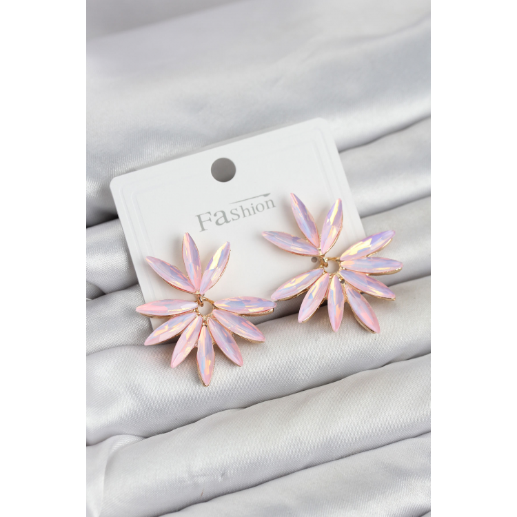 Pembe Renk Kristal Taşlı Lotus Model Kadın Küpe 5886