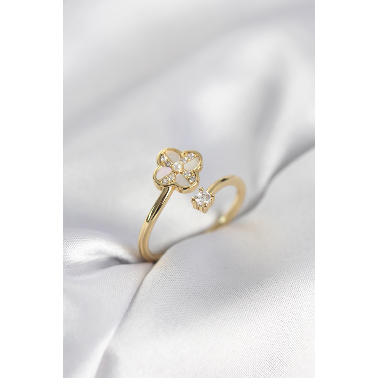 Gold Renk Zirkon Taşlı Yonca Model Kadın Yüzük 5886