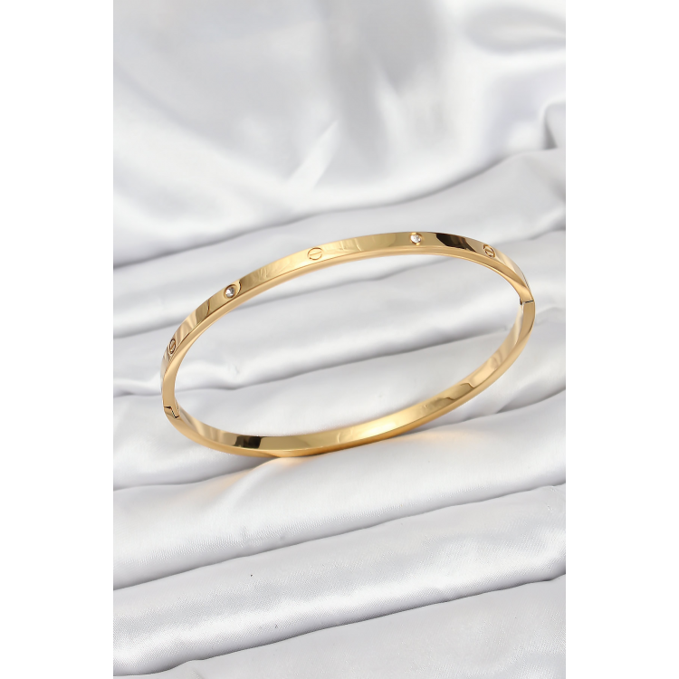 316L Çelik Gold Renk Zirkon Taşlı 65 mm İnce Kadın Kelepçe Bileklik 5886
