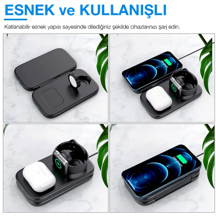 ALLY W66 15W 3 in1 Android + iPhone Taşınabilir Mini Kablosuz Hızlı Şarj Standı-(5775)