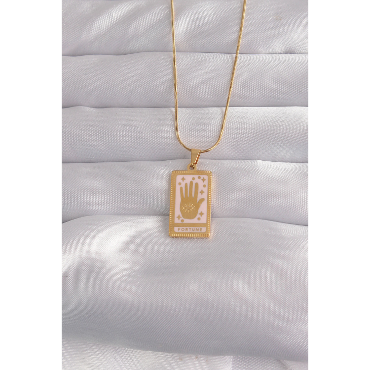 316L Çelik Gold Renk Pembe Mineli El Figür Tarot Kolye 5886