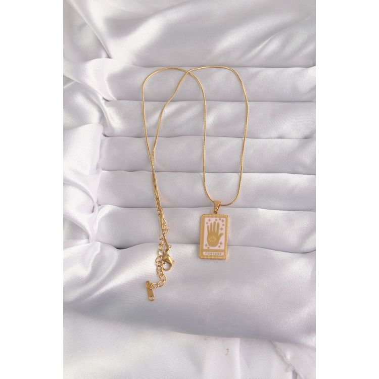 316L Çelik Gold Renk Pembe Mineli El Figür Tarot Kolye 5886
